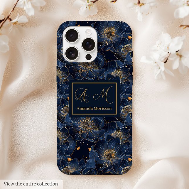 Coques Case-Mate iPhone Navy Gold iPhone Case Lux Monogram Floral Accent (Navy Gold iPhone Case Lux Monogram Floral Accent)