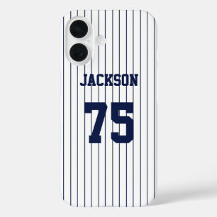 Coque Pour iPhone 16 Navy Stripes White Basball Jersey Nom Numéro