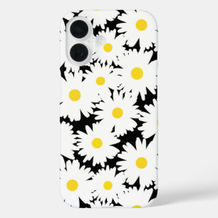 Coque Pour iPhone 16 Négative Space Daisies blanc jaune sur noir