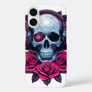Coque Pour iPhone 16 Neon Cyber-mort crâne et Rose blanc