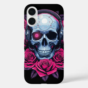 Coque Pour iPhone 16 Neon Cyber Mort Crâne et Rose Noir