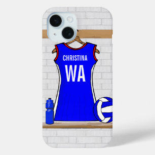 Coque Pour iPhone 15 Netball personnalisé Uniforme bleu avec rouge et b