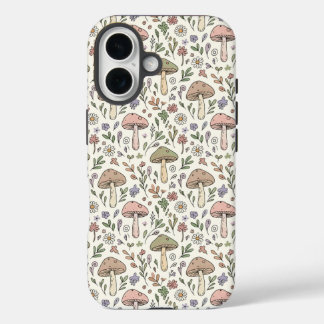 Coque Pour iPhone 16 Neutral Aesthetic Mushroom Fungi Seamless Pattern