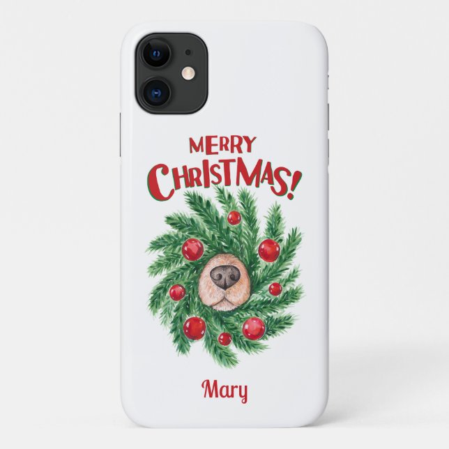 Coques Case-Mate iPhone Nez de chien personnalisé Merry Christmas Wreath (Dos)