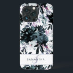 Case-Mate iPhone Case Nocturne Floral Aquarelle marine Monogramme person<br><div class="desc">Aquarelle florale marine bleu gris foncé Motif avec des fleurs peintes à la main Boho, des plumes, et beaucoup de gris coloré, bleu marine, bleu Dusty, rose mauve, violet lavande, argent, feuilles et feuillage de charbon de bois. Avec éléments de ligne à main, polices à main Tourbillonnant et cadre de...</div>