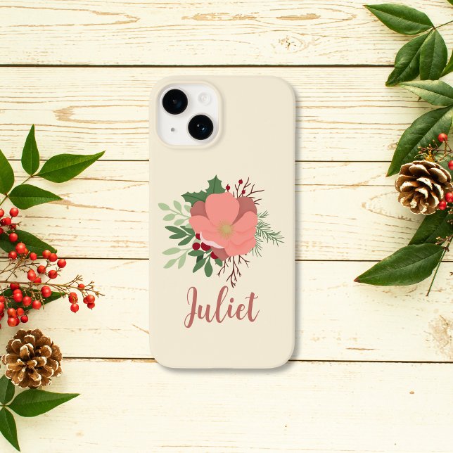 Coques Case-Mate iPhone Noël Botanique Nom personnalisé (coquette christmas pink botanical phone case personalized with name for friend gift)
