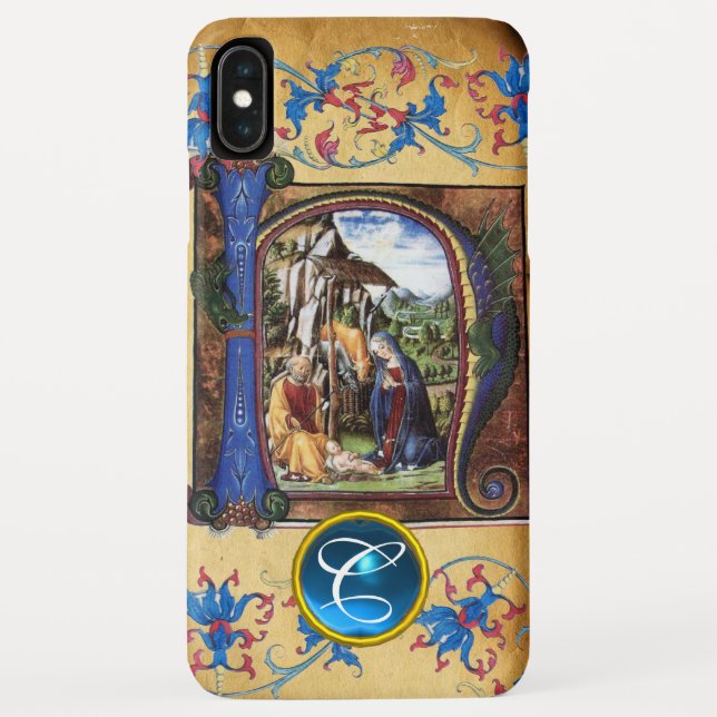 Coques Case-Mate iPhone NOËL Nativité PARCHEMIN BLEU GEMME MONOGRAMME (Dos)