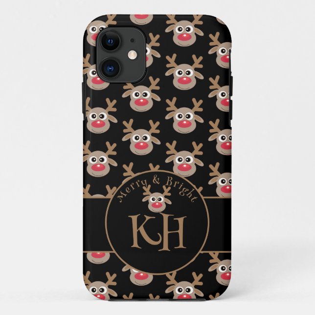 Coques Case-Mate iPhone Noël Noir Monogramme mignon Motif Reindeer (Dos)