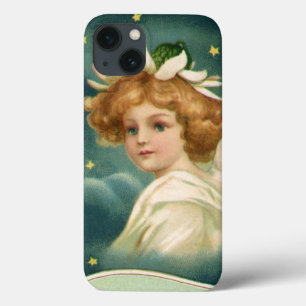 Coques Pour iPhone Noël vintage, ange victorien avec étoiles dorées