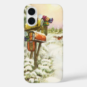 Coque Pour iPhone 16 Noël vintage, boîtes aux lettres dans un paysage h