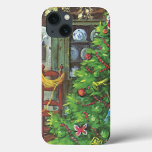 Etui iPhone 13 Noël vintage, chalet confortable avec cheminée