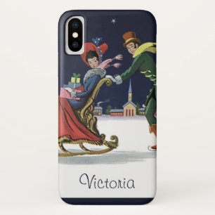 Coque iPhone X Noël vintage, Couple amoureux patinant