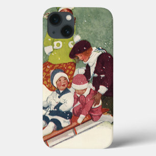 Case-Mate iPhone Case Noël vintage, enfants faisant de la luge dans la n