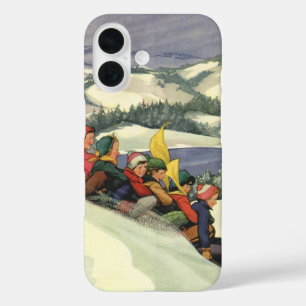 Coque Pour iPhone 16 Noël vintage, enfants faisant de la luge sur une m
