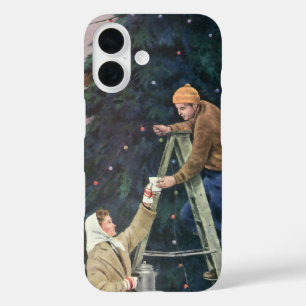 Coque Pour iPhone 16 Noël vintage, famille accrochant des lumières sur 