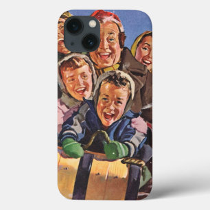 Etui iPhone 13 Noël vintage, famille heureuse faisant de la luge