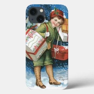 iPhone 13 Case Noël vintage, fille avec des cadeaux dans la neige