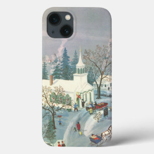 Coques Pour iPhone Noël vintage, gens allant à l'église dans la neige