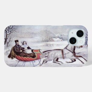 Coque Pour iPhone 15 Noël Vintage, La Route Hiver, Cheval Sleigh