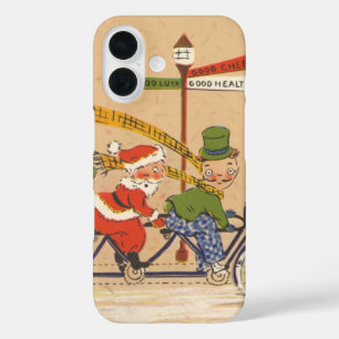 Coques iPhone 16 Noël vintage, le Père Noël à bicyclette