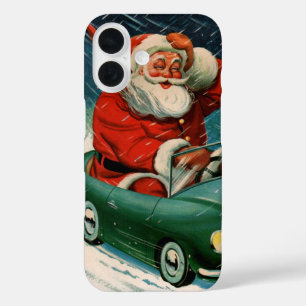 Coque Pour iPhone 16 Noël vintage, le Père Noël dans une jolie voiture