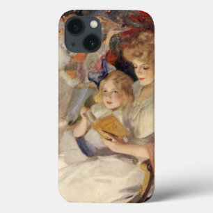 Etui iPhone 13 Noël vintage, mère lisant un conte avant de dormir