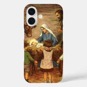 Coque Pour iPhone 16 Noël Vintage, Nativité Religieuse avec Bébé Jésus