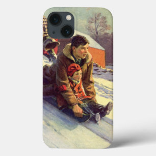 Etui iPhone Case-Mate Noël vintage, père et fille faisant de la luge