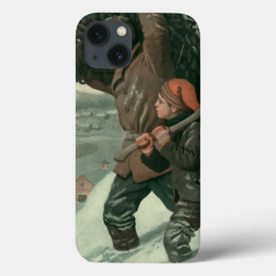 Case-Mate iPhone Case Noël vintage, père et fils coupent un arbre