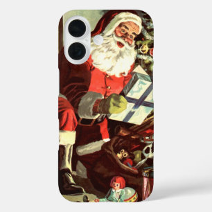Coque Pour iPhone 16 Noël vintage, Père Noël rétro avec présents