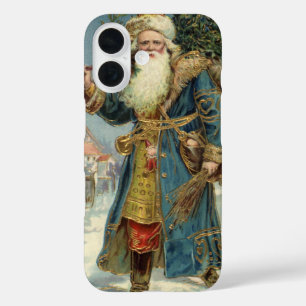 Coques iPhone 16 Noël vintage, Père Noël victorien avec arbre