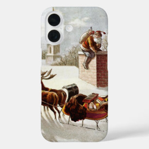 Coque Pour iPhone 16 Noël vintage, Saint Nicolas sur le toit