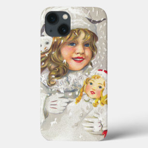 iPhone 13 Coque Noël vintage victorien Fille avec poupée dans la n