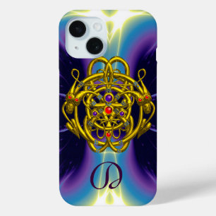 COQUE POUR iPhone 15 NOEUDS CELTIQUES D'OR AVEC MONOGRAMME DE DRAGONS D