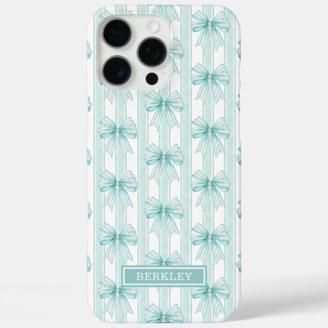 Coques Case-Mate iPhone Nœuds Coquette Aqua sur des Rayures Monogrammées (Verso)
