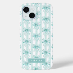 Coque Case-Mate iPhone Nœuds Coquette Aqua sur Rayures Monogrammées