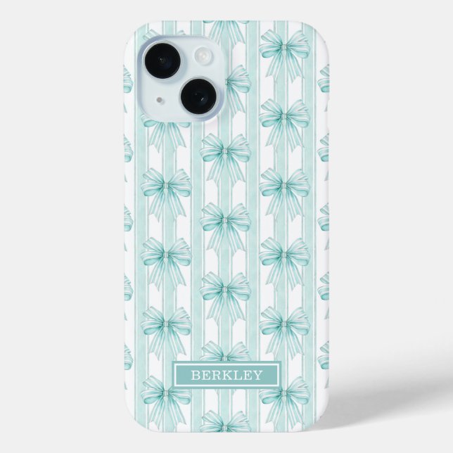 Coques Case-Mate iPhone Nœuds Coquette Aqua sur Rayures Monogrammées (Verso)