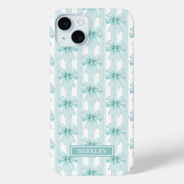 Coques Case-Mate iPhone Nœuds Coquette Aqua sur Rayures Monogrammées (Verso)