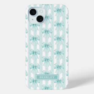 Coque Case-Mate iPhone Nœuds Coquette Aqua sur Rayures Monogrammées