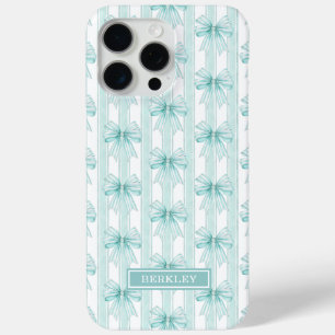 Coque Case-Mate iPhone Nœuds Coquette Aqua sur Rayures Monogrammées