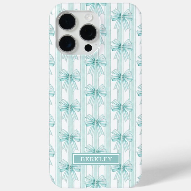 Coques Case-Mate iPhone Nœuds Coquette Aqua sur Rayures Monogrammées (Verso)