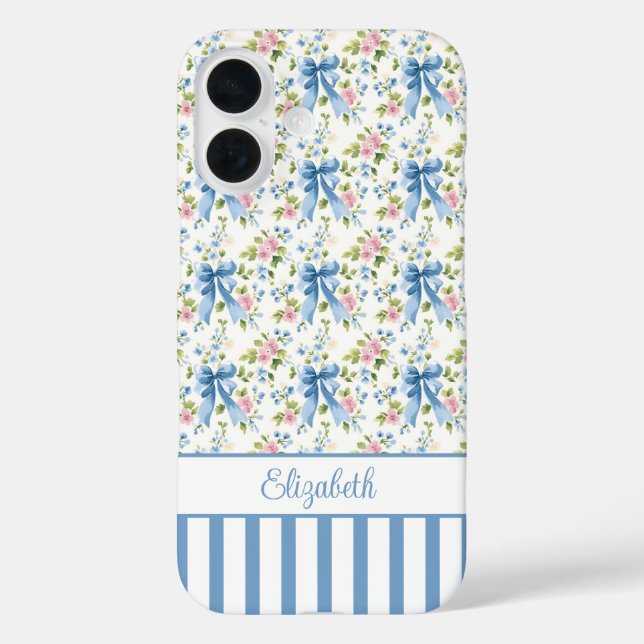 Coques Case-Mate iPhone Nœuds Coquette Bleus Avec Fleurs Monogrammées  (Verso)