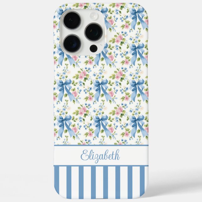 Coques Case-Mate iPhone Nœuds Coquette Bleus Avec Fleurs Monogrammées  (Verso)