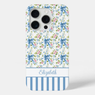 Coque Case-Mate iPhone Nœuds Coquette Bleus Avec Fleurs Monogrammées