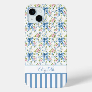 Coque Case-Mate iPhone Nœuds Coquette Bleus Avec Fleurs Monogrammées