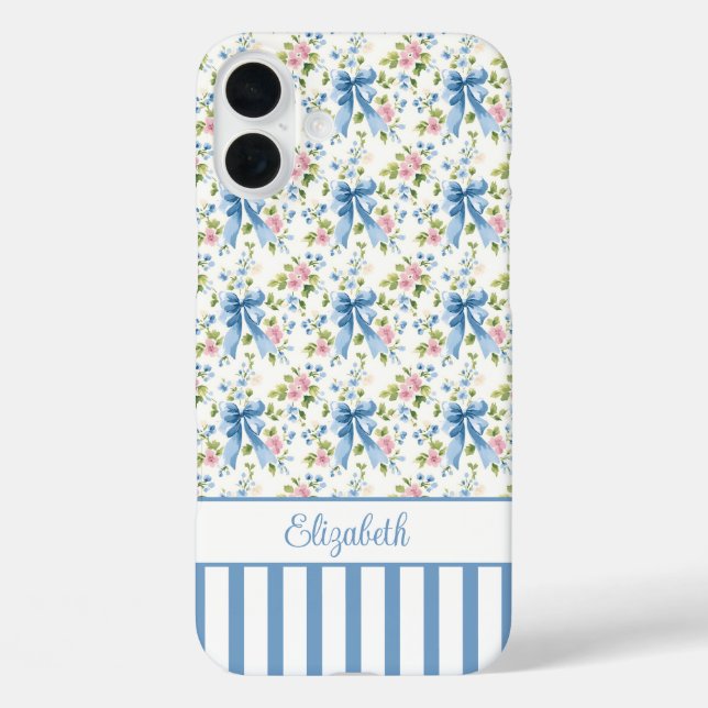 Coques Case-Mate iPhone Nœuds Coquette Bleus Avec Monogramme Fleurs  (Verso)