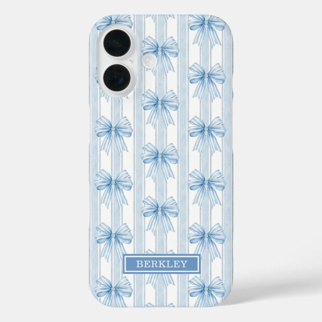 Coques Case-Mate iPhone Nœuds Coquette Bleus sur Monogramme à Rayures (Verso)
