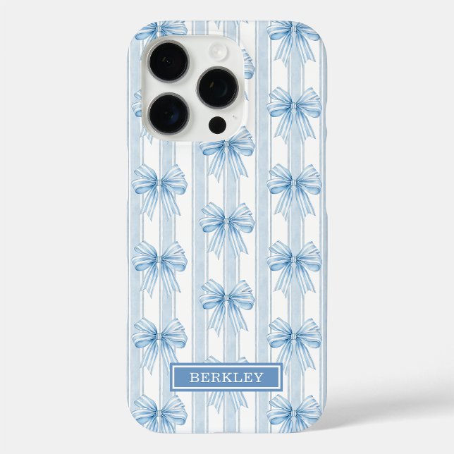 Coques Case-Mate iPhone Nœuds Coquette Bleus sur Monogramme à Rayures (Créateur téléchargé)
