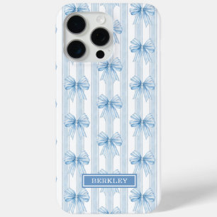 Coque Case-Mate iPhone Nœuds Coquette Bleus sur Monogramme à Rayures