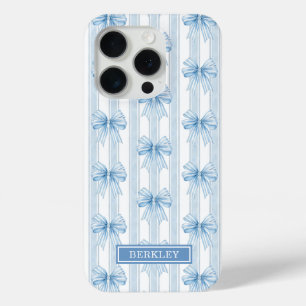 Coque Case-Mate iPhone Nœuds Coquette Bleus sur Monogramme à Rayures